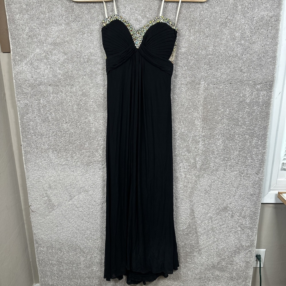 JVN by Jovani Black Sweetheart Long Formal Gown Beaded Sequin Ruffle Mesh Size 8